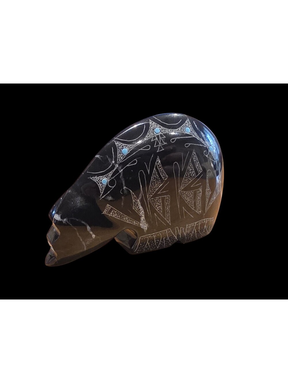 ZUNI FETISH BLACK MARBLE ETCHED MEDICINE BEAR BY GERALD PEINA